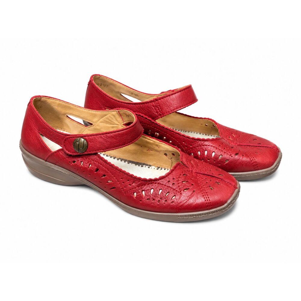 Hotter Chile Red Leather Mary Jane Comfort Flats 8.5 Extra Wide Fit EXF Cottage